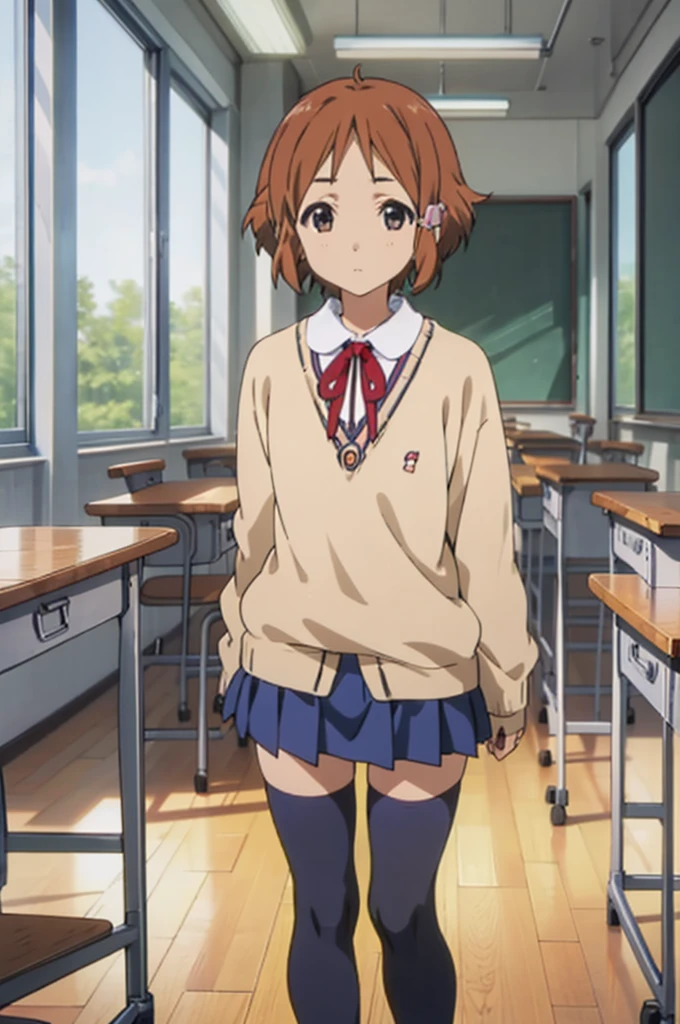 , solo, 1girl, kanna makino,  looking at viewer, expressionless,, cardigans,miniskirt,classroom,black thighhighs,standing,thigh