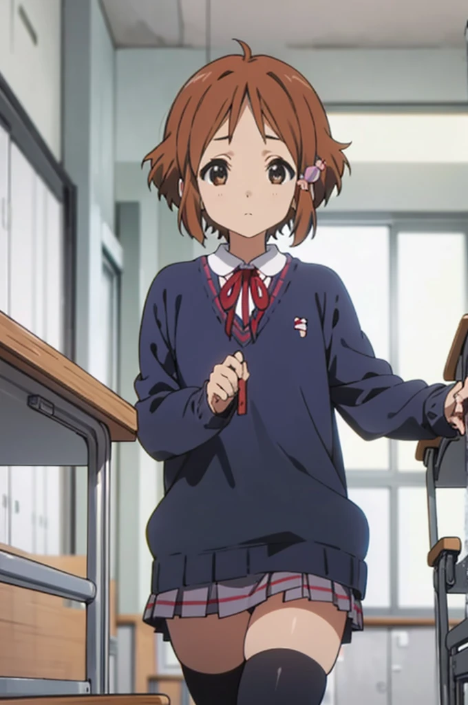 , solo, 1girl, kanna makino,  looking at viewer, expressionless,, cardigans,miniskirt,classroom,black thighhighs,standing,thigh