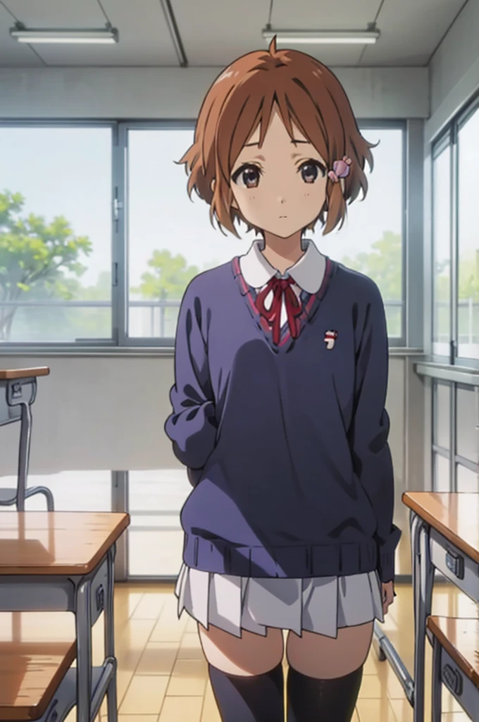 , solo, 1girl, kanna makino,  looking at viewer, expressionless,, cardigans,miniskirt,classroom,black thighhighs,standing,thigh