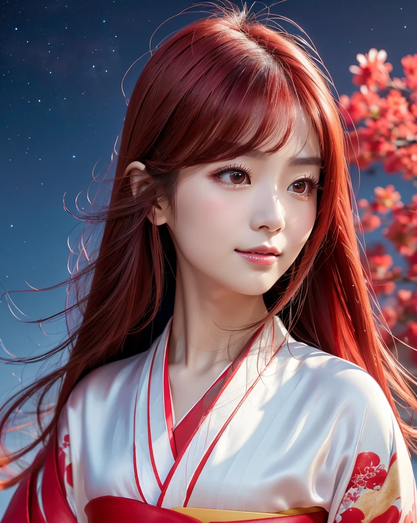 (Highest quality, 32k, High resolution, Masterpiece:1.5, ), marimo_jet, god々A photograph with brilliant dazzling and healing power., Evoking a sense of calm and elusive beauty, Expressing emotions, Have a rich imagination,Beautiful Japanese Girls, ((Shooting from the side:1.3)), An exceptionally beautiful face, Small Face Beauty, Perfect Human Anatomy, Magical big eyes, Motherhood and generosity, Deep Love, fleeting smile, ((shiny red hair:1.1)), ((Super Long Straight Silk Hair)), Asymmetrical bangs, Hair between the eyes, Transparent, soft white skin, Sharp eyebrows, Thin lashes, Natural Makeup, Cheek highlighter, Pale pink detailed lips, , ((Red kimono:1.5)), Slim figure with ample breasts, ((Detailed night sky background:1.3)), , Professional Lighting, Professional photographer, Professional models, god秘的