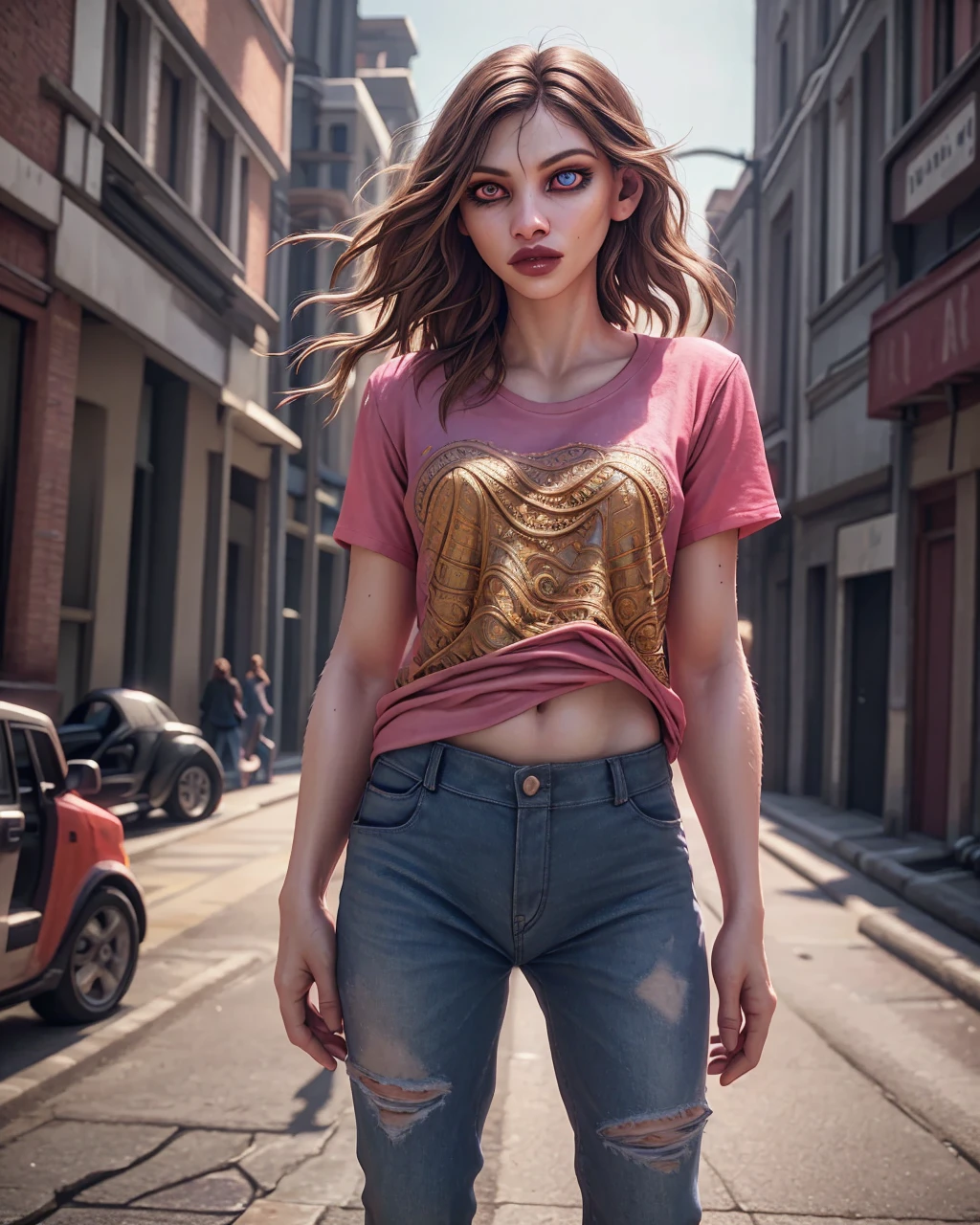 1girl, beautiful detailed eyes, beautiful detailed lips, extremely detailed eyes and face, long brown hair, pink t-shirt, jeans, standing on a street corner, award winning, intricate details, photorealistic, cinematic lighting, volumetric lighting, depth of field, beautiful face, striking pose, dynamic composition, vivid colors, warm tones
