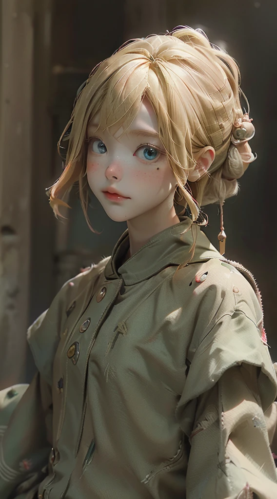 ((Best quality)), ((masterpiece)), (detailed:1.4), 3D, an image of A toddler with dirty blonde hair, green eyes, freckled cheeks and fair skin