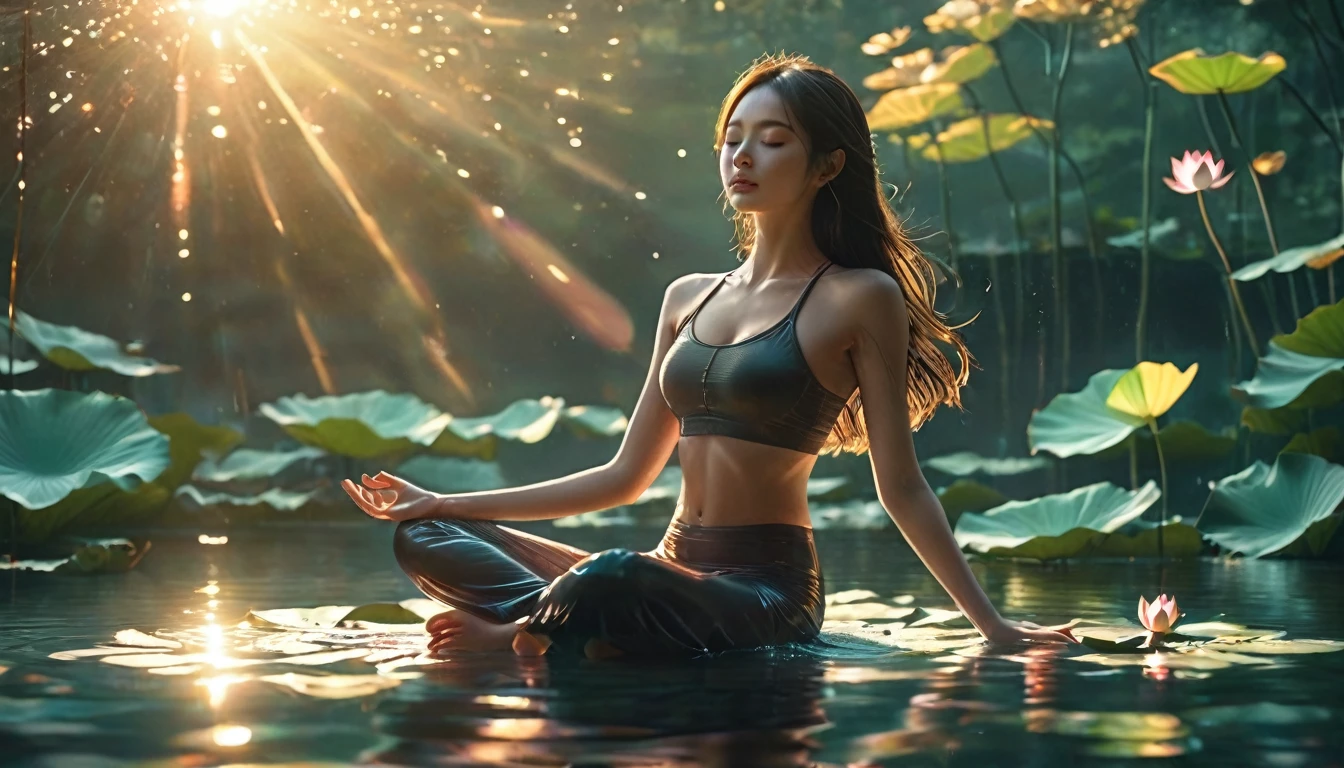 1 Girl，beautiful，Shiny，triangle，Level lighting effects，lotus pose,  On the water, reflection，Facial details，4K， very detailed image, Kodak 400, Atmospheric light, 50mm lens