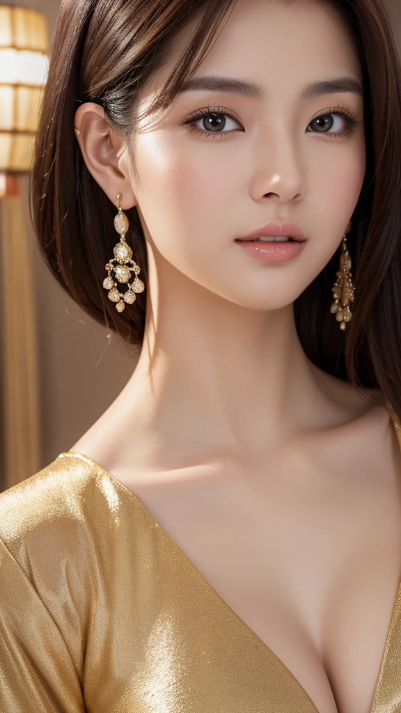 A beautiful young woman posing in a gorgeous outfit, detailed facial features, perfect figure, elegant Japanese goddess, luxurious Chinese model, realistic and photorealistic, wearing a stylish dress, earrings, fashionable and youthful, solo portrait, close-up view, brown hair, best quality, 4k, 8k, high resolution, masterpiece, ultra-detailed, vivid colors, studio lighting, physically-based rendering, sharp focus, professional photography