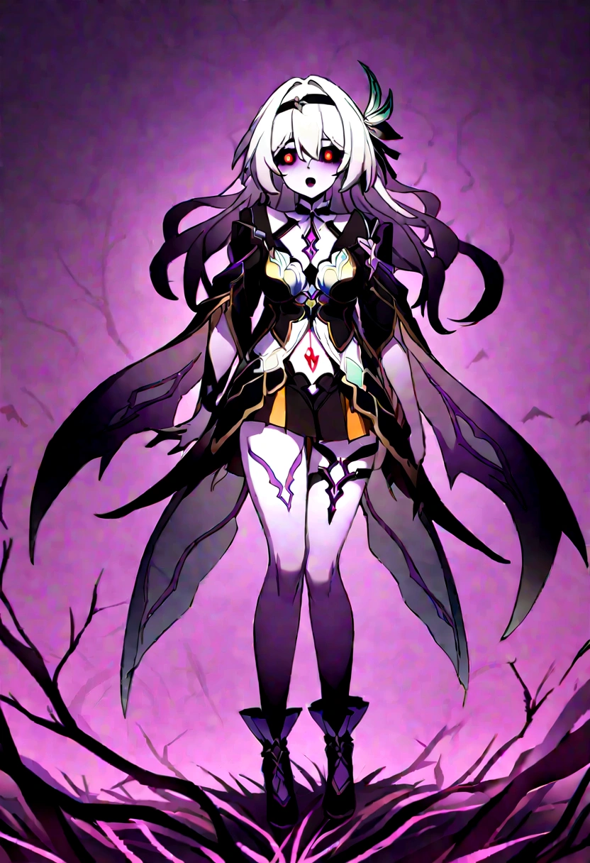 perfect anatomy, CG:1.9, ultra detailed:1.9, ultra-detailed:1.9, high resolution:1.9, high res:1.9, absurdres:1.9, masterpiece:2, high quality:2, best quality:2, 1girl, solo, firefly (honkai: star rail), full body, look at viewer, detailed background:2, eldritch background, tentacle background, horror (theme), colored skin, purple skin, purple tendrils, purple tentacles, purple tentacle body:1.9, body made of purple tentacles:1.9, body horror, violence, yandere, crazy, pure evil, dark magical girl:0.9, monster, monster girl, dragon girl:1.5, succubus:1.5, succubus girl:1.5, devil:1.9, devil girl:1.9, vampire girl, possessed, dark persona, corruption, corrupted, cosmic horror, eldritch, eldritch abomination, demon:1.5, demon girl:1.5, breasts, medium breasts, midriff, cleavage, multicolored clothes, tentacle clothes:1.4, living clothes:1.4, purple spikes, dress, skirt, armor, full armor:1.8, eldritch winged spiky scaly tentacle armor:1.75, living hair:1.58, open mouth, detailed eyes:2, crazy eyes, colored sclera, black sclera, yellow pupils, bright pupils, slit pupils, purple scales, tentacle around neck, tentacle grab, red pubic tattoo, red womb tattoo, red stomach tattoo, red forehead tattoo, glowing tattoo, red forehead jewel, red chest jewel, black spiky thorny tentacle hair ornament, black spiky thorny tentacle tiara, black spiky thorny tentacle circlet, crown of thorns, black horns:2, two horns:2, demon horns:1.99, devil horns:1.98, dragon tail:2, purple wings:2, large wings:2, bowed wings:2, two wings:2, demon wings:2, dragon wings:2
