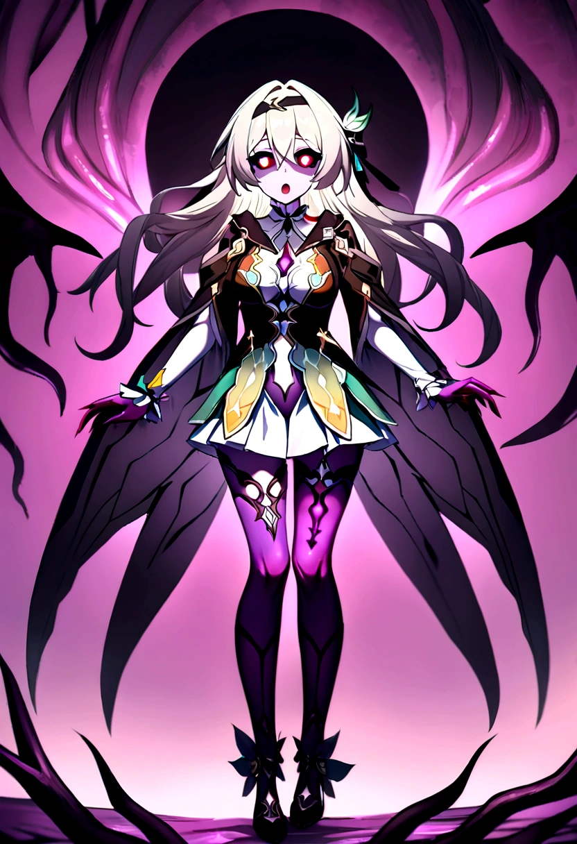 perfect anatomy, CG:1.9, ultra detailed:1.9, ultra-detailed:1.9, high resolution:1.9, high res:1.9, absurdres:1.9, masterpiece:2, high quality:2, best quality:2, 1girl, solo, firefly (honkai: star rail), full body, look at viewer, detailed background:2, eldritch background, tentacle background, horror (theme), colored skin, purple skin, purple tendrils, purple tentacles, purple tentacle body:1.9, body made of purple tentacles:1.9, body horror, violence, yandere, crazy, pure evil, dark magical girl:0.9, monster, monster girl, dragon girl:1.5, succubus:1.5, succubus girl:1.5, devil:1.9, devil girl:1.9, vampire girl, possessed, dark persona, corruption, corrupted, cosmic horror, eldritch, eldritch abomination, demon:1.5, demon girl:1.5, breasts, medium breasts, midriff, cleavage, multicolored clothes, tentacle clothes:1.4, living clothes:1.4, purple spikes, dress, skirt, armor, full armor:1.8, eldritch winged spiky scaly tentacle armor:1.75, living hair:1.58, open mouth, detailed eyes:2, crazy eyes, colored sclera, black sclera, yellow pupils, bright pupils, slit pupils, purple scales, tentacle around neck, tentacle grab, red pubic tattoo, red womb tattoo, red stomach tattoo, red forehead tattoo, glowing tattoo, red forehead jewel, red chest jewel, black spiky thorny tentacle hair ornament, black spiky thorny tentacle tiara, black spiky thorny tentacle circlet, crown of thorns, black horns:2, two horns:2, demon horns:1.99, devil horns:1.98, dragon tail:2, purple wings:2, large wings:2, bowed wings:2, two wings:2, demon wings:2, dragon wings:2