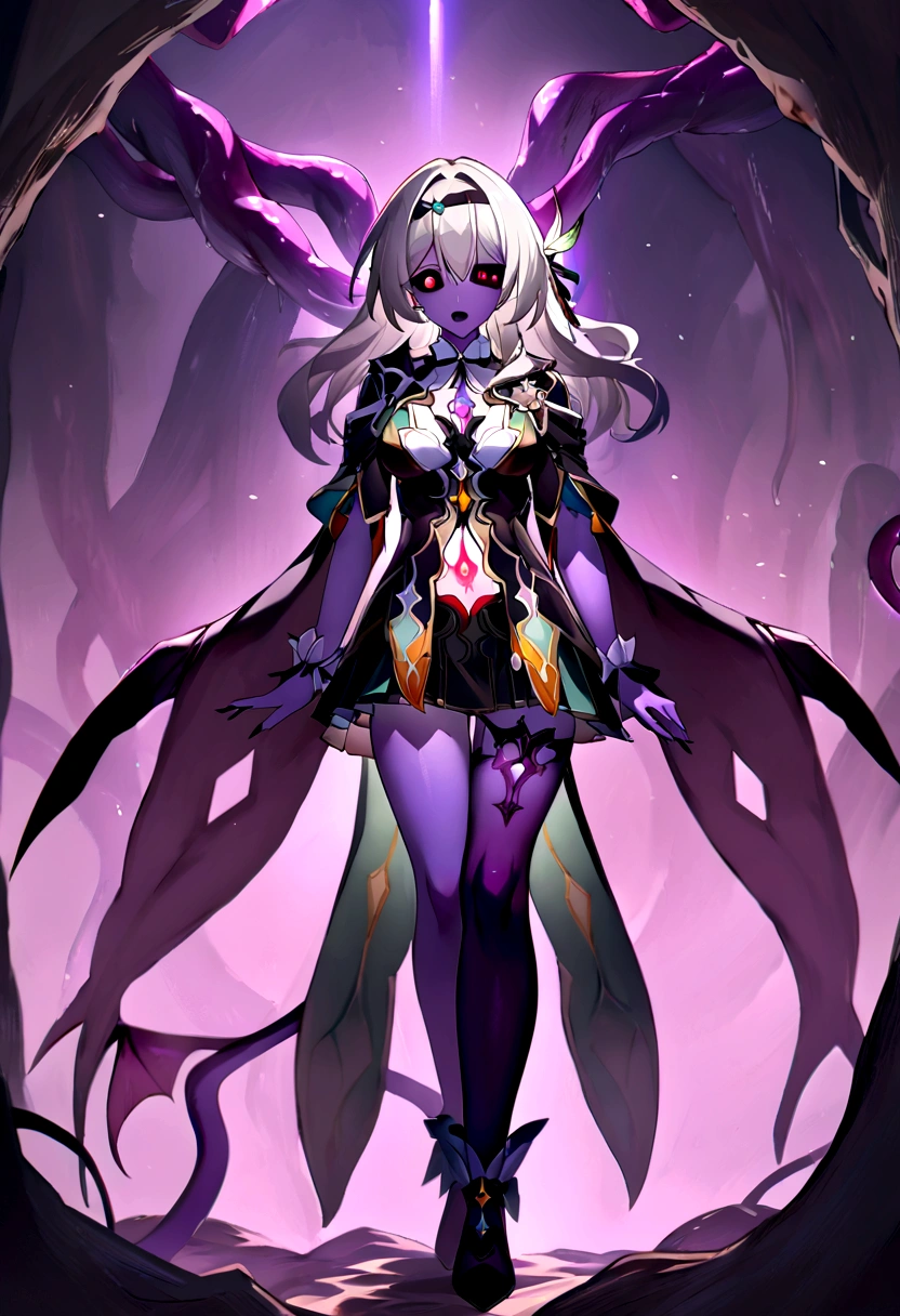 perfect anatomy, CG:1.9, ultra detailed:1.9, ultra-detailed:1.9, high resolution:1.9, high res:1.9, absurdres:1.9, masterpiece:2, high quality:2, best quality:2, 1girl, solo, firefly (honkai: star rail), full body, look at viewer, detailed background:2, eldritch background, tentacle background, horror (theme), colored skin, purple skin, purple tendrils, purple tentacles, purple tentacle body:1.9, body made of purple tentacles:1.9, body horror, violence, yandere, crazy, pure evil, dark magical girl:0.9, monster, monster girl, dragon girl:1.5, succubus:1.5, succubus girl:1.5, devil:1.9, devil girl:1.9, vampire girl, possessed, dark persona, corruption, corrupted, cosmic horror, eldritch, eldritch abomination, demon:1.5, demon girl:1.5, breasts, medium breasts, midriff, cleavage, multicolored clothes, tentacle clothes:1.4, living clothes:1.4, purple spikes, dress, skirt, armor, full armor:1.8, eldritch winged spiky scaly tentacle armor:1.75, living hair:1.58, open mouth, detailed eyes:2, crazy eyes, colored sclera, black sclera, yellow pupils, bright pupils, slit pupils, purple scales, tentacle around neck, tentacle grab, red pubic tattoo, red womb tattoo, red stomach tattoo, red forehead tattoo, glowing tattoo, red forehead jewel, red chest jewel, black spiky thorny tentacle hair ornament, black spiky thorny tentacle tiara, black spiky thorny tentacle circlet, crown of thorns, black horns:2, two horns:2, demon horns:1.99, devil horns:1.98, dragon tail:2, purple wings:2, large wings:2, bowed wings:2, two wings:2, demon wings:2, dragon wings:2