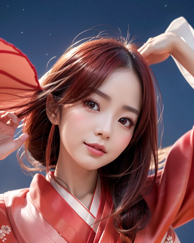 (Highest quality, 32k, High resolution, Masterpiece:1.5, ), marimo_jet, god々A photograph with brilliant dazzling and healing power., Evoking a sense of calm and elusive beauty, Expressing emotions, Have a rich imagination,Beautiful Japanese Girls, ((Shooting from the side:1.3)), An exceptionally beautiful face, Small Face Beauty, Perfect Human Anatomy, Magical big eyes, Motherhood and generosity, Deep Love, fleeting smile, ((shiny red hair:1.1)), ((Super Long Straight Silk Hair)), Asymmetrical bangs, Hair between the eyes, Transparent, soft white skin, Sharp eyebrows, Thin lashes, Natural Makeup, Cheek highlighter, Pale pink detailed lips, , ((Red kimono:1.5)), Slim figure with ample breasts, ((Detailed night sky background:1.3)), , Professional Lighting, Professional photographer, Professional models, god秘的