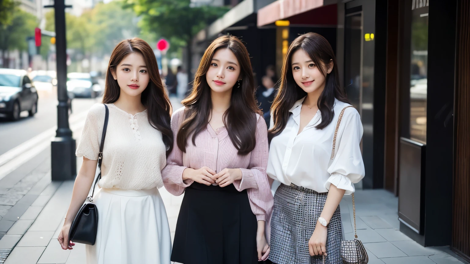 Highest quality、High resolution、8k wallpaper、Dense and beautiful eyedium hair、(Beautiful breasts:1.3)、Natural color lip、20歳のwoman、woman3people、Brown Hair、Semi-long hair、smile、Fluffy blouse、mini skirt、Wearing heels、Carrying a bag、Shining brightly、Walking on the sidewalk、Scramble crossing、people混み