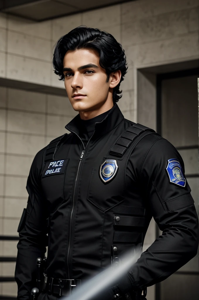 Asme, still a mysterious boy who wears a black police suit, who is tall and looks mysterious, with medium-straight black hair with beautiful waves and a deep look.