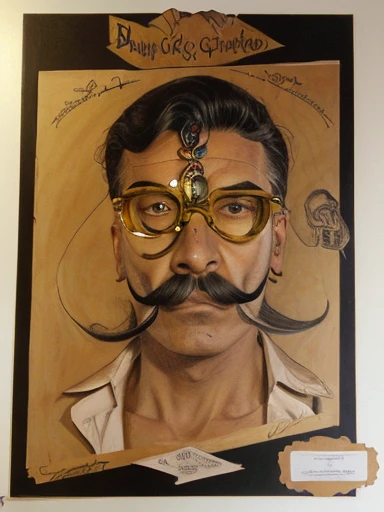 arafed drawing of a man with a mustache and glasses, style of emil melmoth, portrait of circus artist, detailed face with moustache, inspired by Salvador Dali, in style of salvador dali, inspired by Dali, inspired by Remedios Varo, inspired by Salvador Dalí, by Byron Galvez, winning artwork, by Dirk Crabeth, inspired by Heinrich Kley