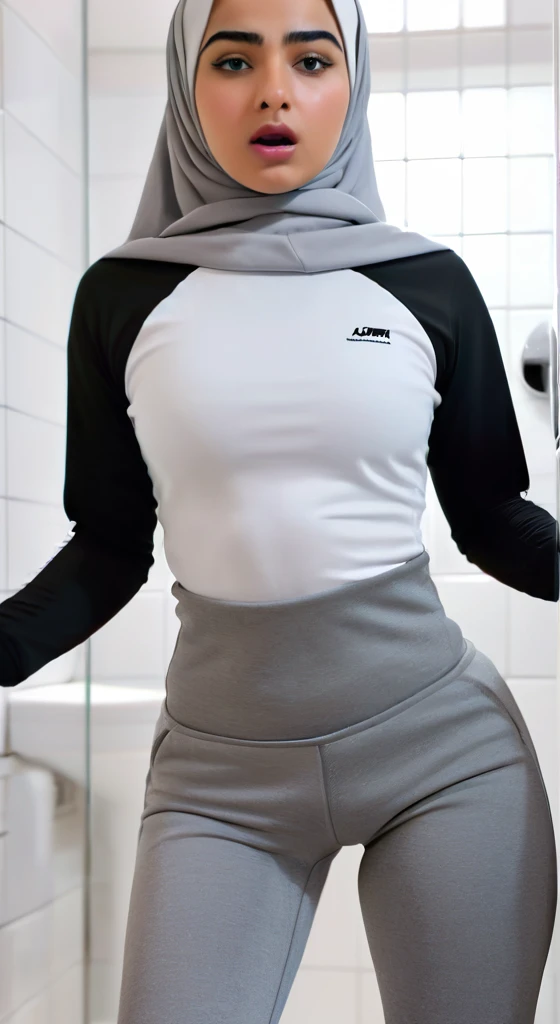 Ultra-realistic, 4k, 1girl, hot arab facial features, pretty face, fat body, wearing grey hijab, hrey tight sports leggings, tight long sleeve sports white tshirt, white sneakers, nervous facial expressions, blushing, both hands on ass, in bathroom near the toilet,