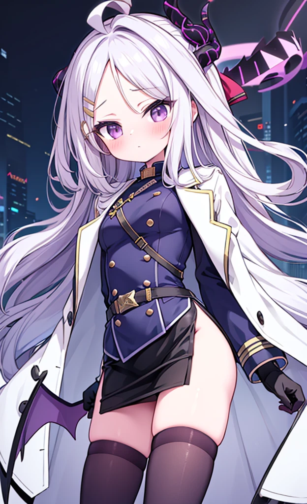 masterpiece,Highest quality,1 Girl,alone,blush with embarrassment,Pokémon-like art style,(bold:1.6),(flat:1.5), hina, (Blue Archive),(Portraiture:1.2),Halation,HORNS,LONG HAIR,AHOGE,SIDELOCKS,PARTED BANGS,HAIRCLIP,MILITARY UNIFORM,COAT ON SHOULDERS,COAT,FUR-TRIMMED COAT,JACKET,LONG SLEEVES,手链,BLACK GLOVES,belt,PENCIL SKIRT,BLACK SKIRT,SIDE SLIT,(wings:1.2),LOW wings,(PURPLE THIGHHIGHS:1.2),KNEE BOOTS,BLACK FOOTWEAR,****,Big boobs