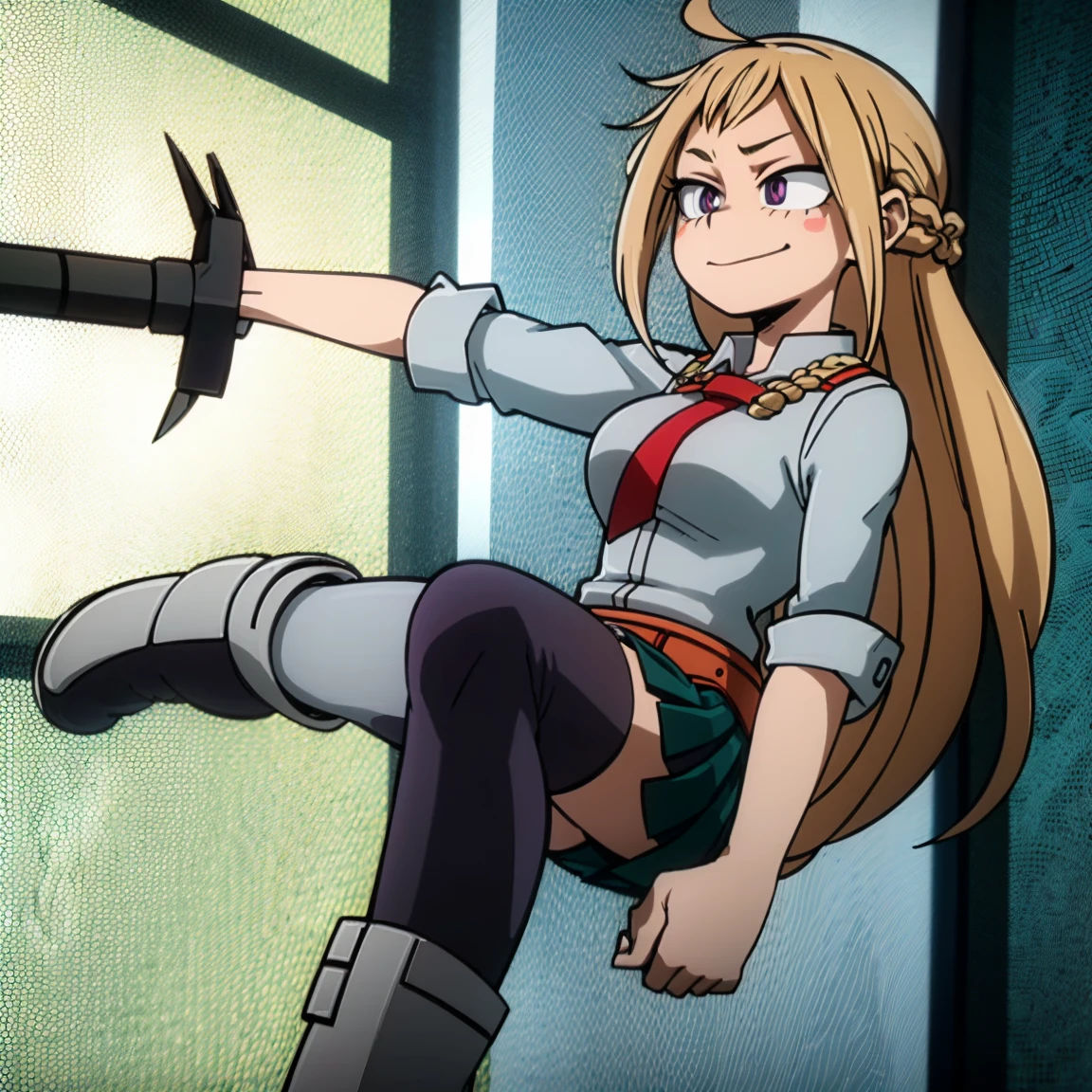 1girl, female focus, boku no hero academia, masterpiece, best quality, very aesthetic, cowboy shot, big breasts, long braid hair, brown hair, purple eyes, smirk, gray jacket, red tie, white shirt, teal skirt, gray tights, boots