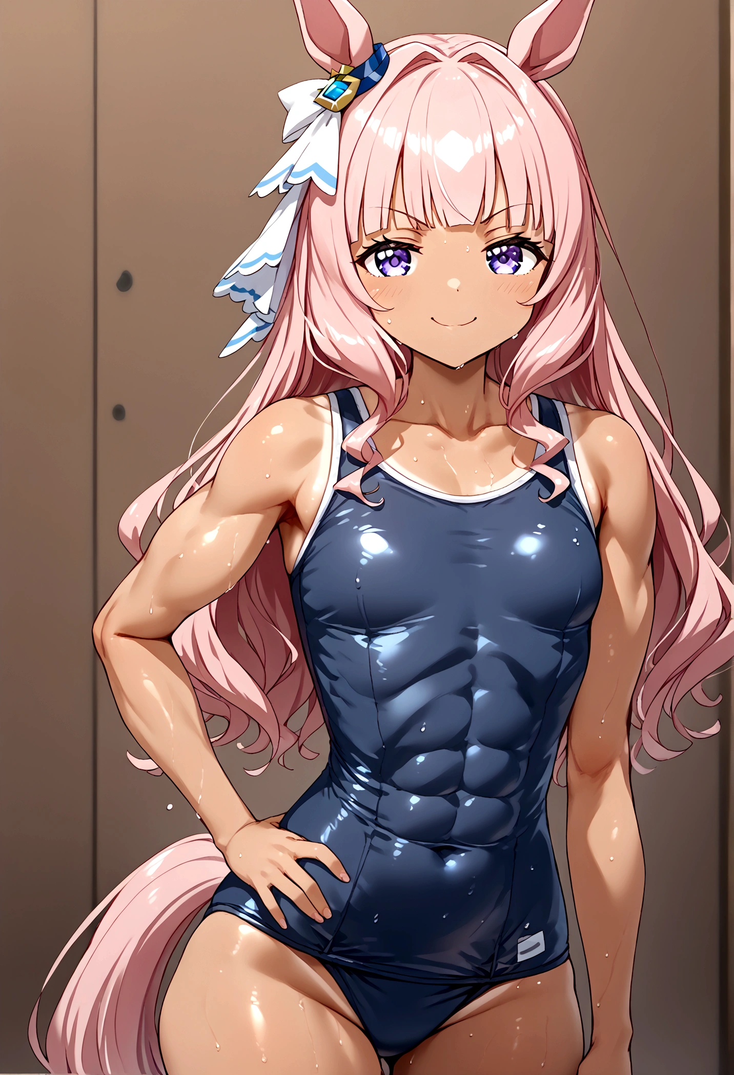 (extremely young youthful tiny fastest agile child:1.4) Urara Haru\(umamusume\),1girl, small breasts, laying on viewer, tan, sweaty, (amidst a stunning massive toned extremely powerful strong pronounced muscle tone pronounced tight side-defined build:1.3) with slim narrow  waist, wide muscular hips leaning forward,pointed,hand on hip,horse girl, horse tail, Pink hair, Pink eyes, horse ears, long hair, Smug mouth, (toned tight hypermuscular swole abs toned Sixpack:1.4) ,nose (((solo, wearing a ultra-detailed realistic wet way too small tight Neopren Texture Naviblue  one-piece Japanese school swimsuit that has grown out of size much too small barely fits and presses the skin ab lines:1.4)))