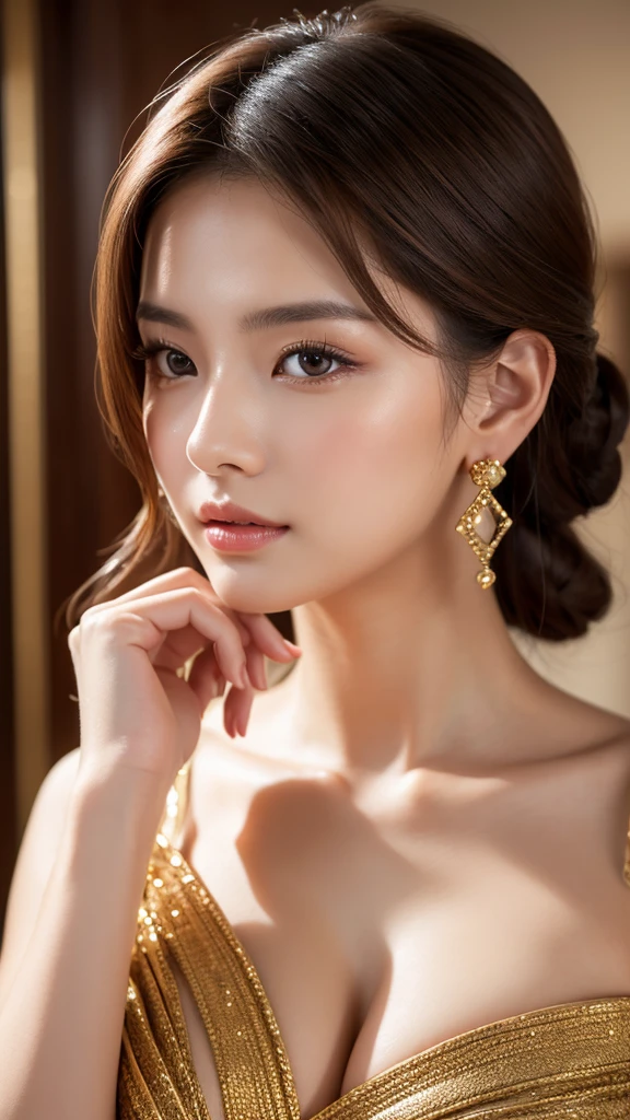 A beautiful young woman posing in a gorgeous outfit, detailed facial features, perfect figure, elegant Japanese goddess, luxurious Chinese model, realistic and photorealistic,, earrings, fashionable and youthful, solo portrait, close-up view, brown hair, best quality, 4k, 8k, high resolution, masterpiece, ultra-detailed, vivid colors, studio lighting, physically-based rendering, sharp focus, professional photography
