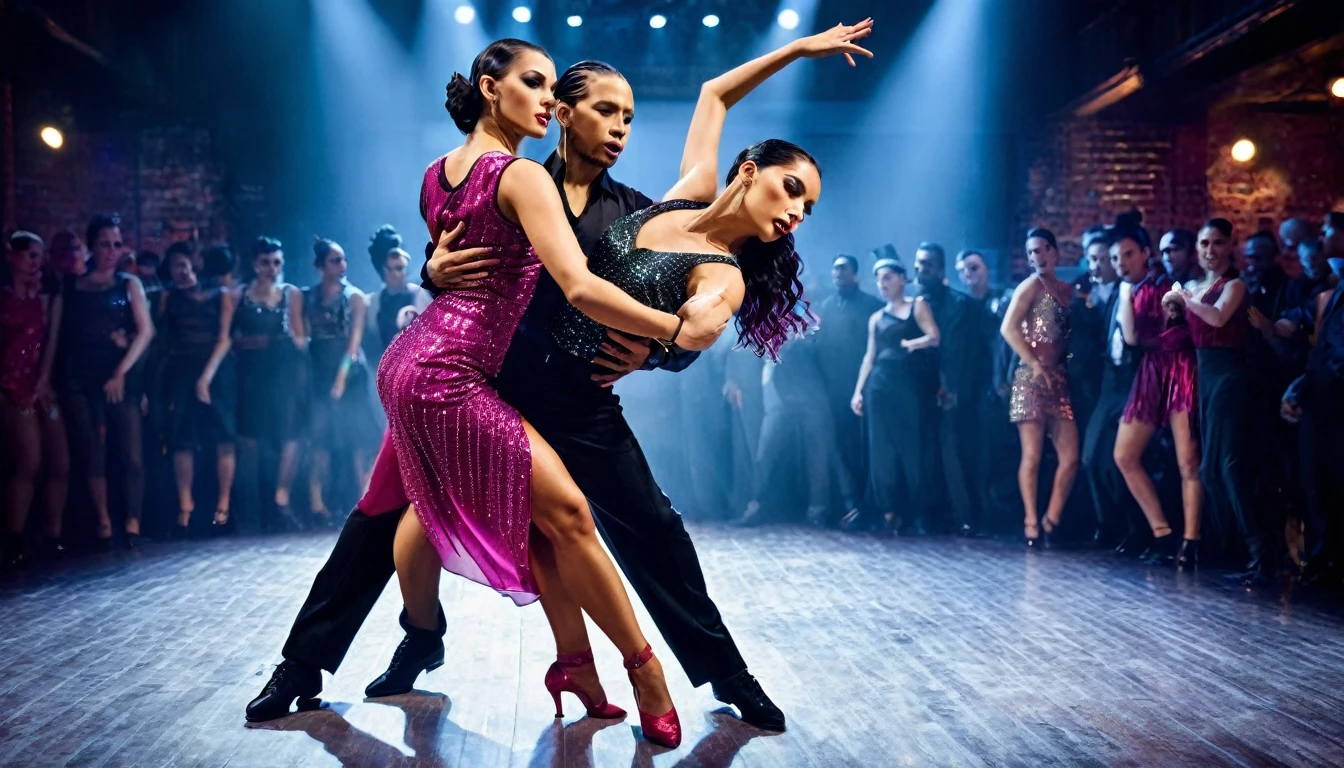 
Create a stunning still image of two women, Maria and Valentina, in their late 20s, mid-performance of an exhilarating hip-hop themed tango. They are lost in intense concentration, focusing solely on each other as they execute a powerful and dynamic dance move. The energy between them is palpable. Their outfits are sparkly, figure-hugging, and colorful, perfectly blending the elegance of tango with the edginess of hip-hop fashion. The setting is indoors, in a glitzy  that has been converted into a TV studio. The backdrop should enhance the dramatic atmosphere, with studio lighting highlighting their expressions and movements