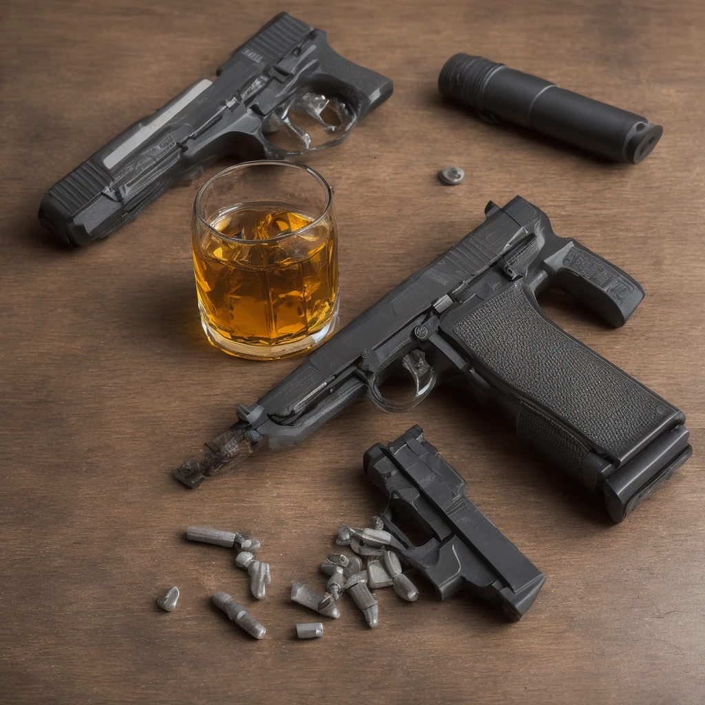 40 caliber pistol on a table and a glass of whiskey