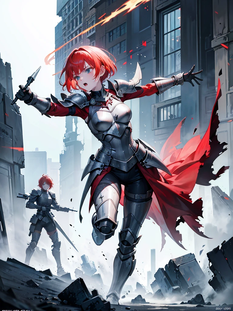 Short-haired redhead woman wearing partially destroyed silver full-body armor, while screaming wounded wielding a red magic-infused battlefield on a ruined battlefield