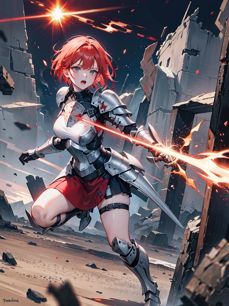 Short-haired redhead woman wearing partially destroyed silver full-body armor, while screaming wounded wielding a red magic-infused battlefield on a ruined battlefield