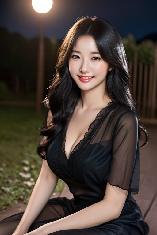 (a gorgeous japanese lady, Age 18, wearing a translucent black fashion dress, natural pose under night sky, soft natural moonlight, healthy figure, are ample round bosom, fair skin, beautiful detailed face, detailed eyes, alluring smile, aegyo dimples, kawaii snaggle-tooth,(best quality,8K,highres,masterpiece:1.2),ultra-detailed,(realistic,photorealistic,photo-realistic:1.37),HDR,uhd,vivid colors,studio lighting,extremely detailed,professional, high angle canera shot, head to thighs, bokeh night background)