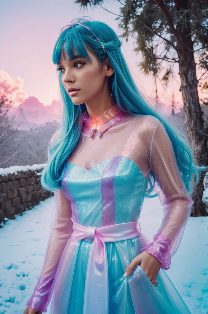 (fluorescent colors:1.4),(translucent:1.4),(retro filters:1.4), (fantasy:1.4), candy world Disney land ethereal soft fluffy soft landscape forest snowavatar Pastel pink sky green blue sparkle ethereal light pastel whimsical light rainbow stars diamonds sparkle gemstone background hyper realistic Ultra quality cinematic lighting immense detail Full hd painting Well lit,diagonal bangs,, collared dress,on side, masterpiece, best quality,realskin,(portrait:1.5), 1girl, blunt bangs, long hair