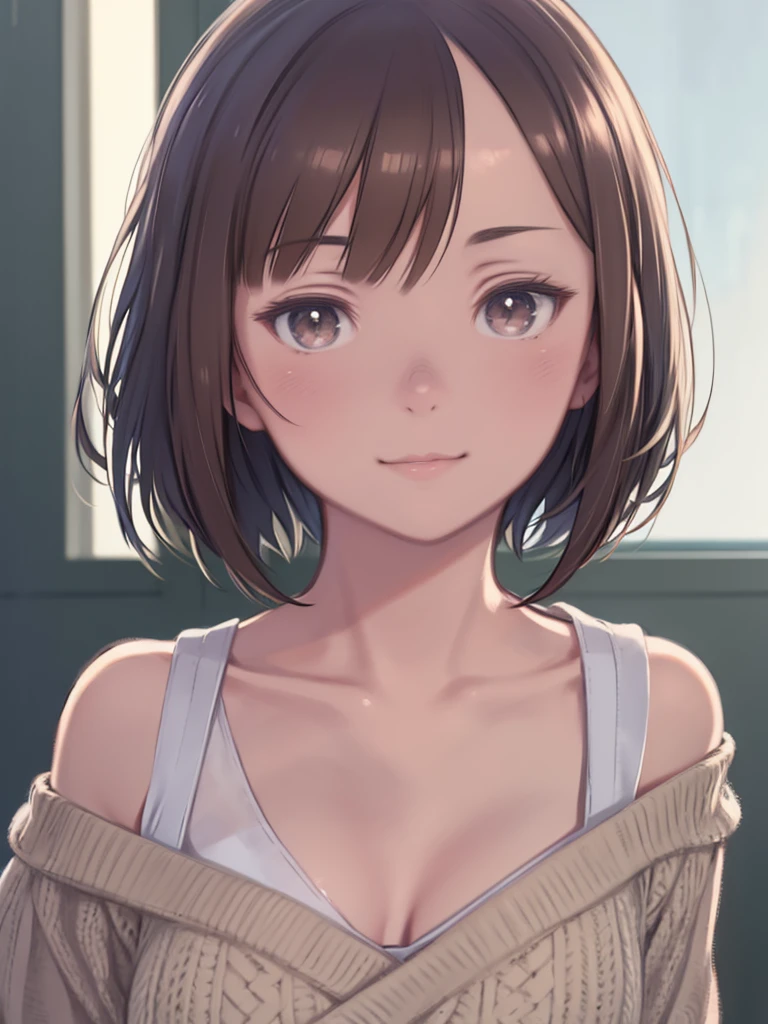 (masterpiece:1.3), (8K, Photorealistic, Best image quality: 1.4), Japanese schoolgirl、(Random Hairstyles:1.2)、Cleavage:1.2、Super detailed face、Attention to detail、double eyelid、Put your chest together、Sharp focus:1.2、Beautiful woman:1.4、Light brown hair、Highest quality、masterpiece、Ultra-high resolution、Highly detailed and professionally lit smile、Loose, lightweight knitwear、Shoulder out、thin、Serious expression、Short-haired