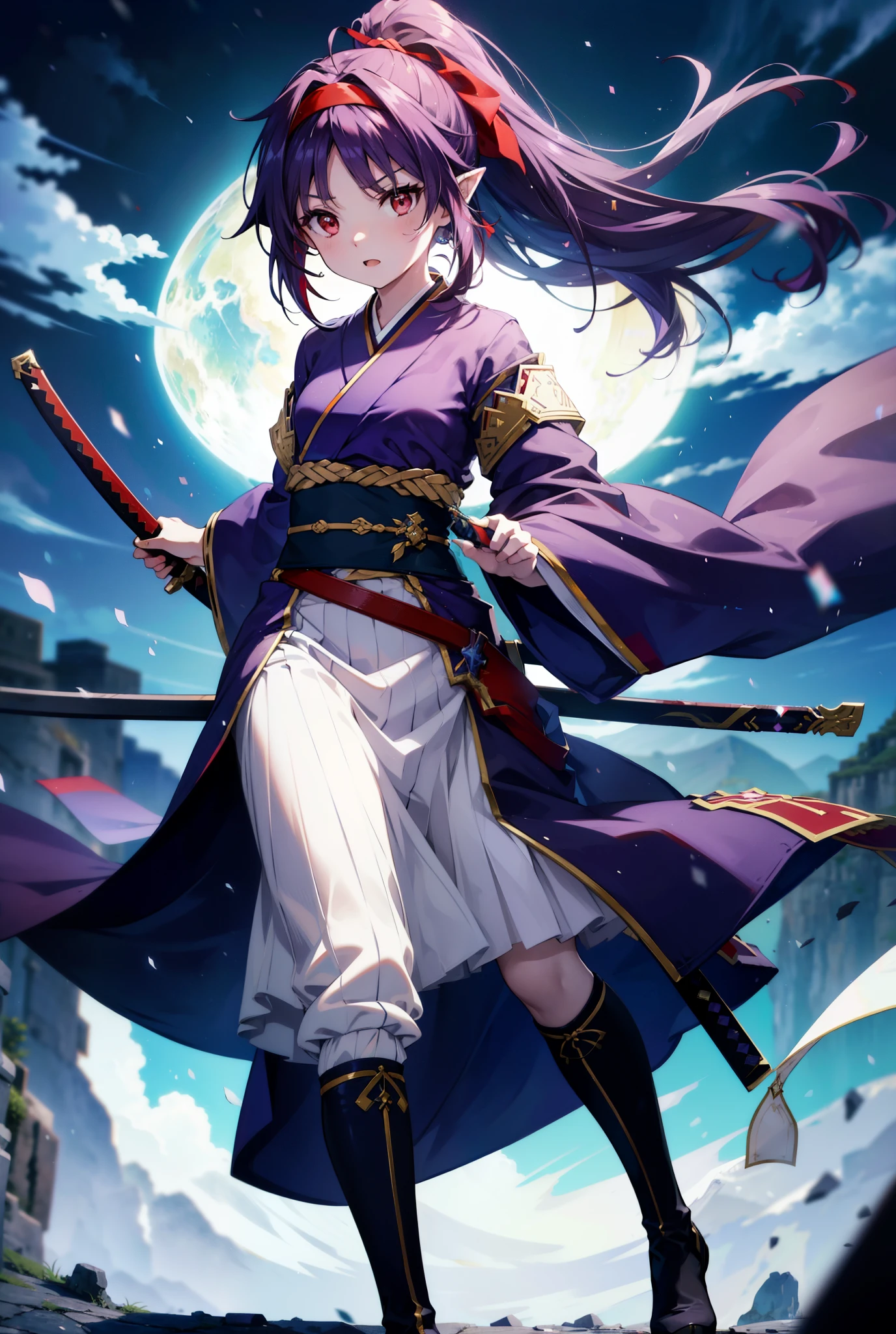 yuukikonno, Yuki Konno, hair band, Long Hair, Pointy Ears,ponytail, Purple Hair, (Red eyes:1.5), (Small breasts:1.2), Open your mouth,Purple kimono,Red long skirt,boots,Hold the grip of the sheathed sword in your right hand,Battoujutsu,
break looking at viewer, Upper Body, whole body,
break outdoors, Medieval European streets,
break (masterpiece:1.2), Highest quality, High resolution, unity 8k wallpaper, (shape:0.8), (Narrow and beautiful eyes:1.6), Highly detailed face, Perfect lighting, Extremely detailed CG, (Perfect hands, Perfect Anatomy),