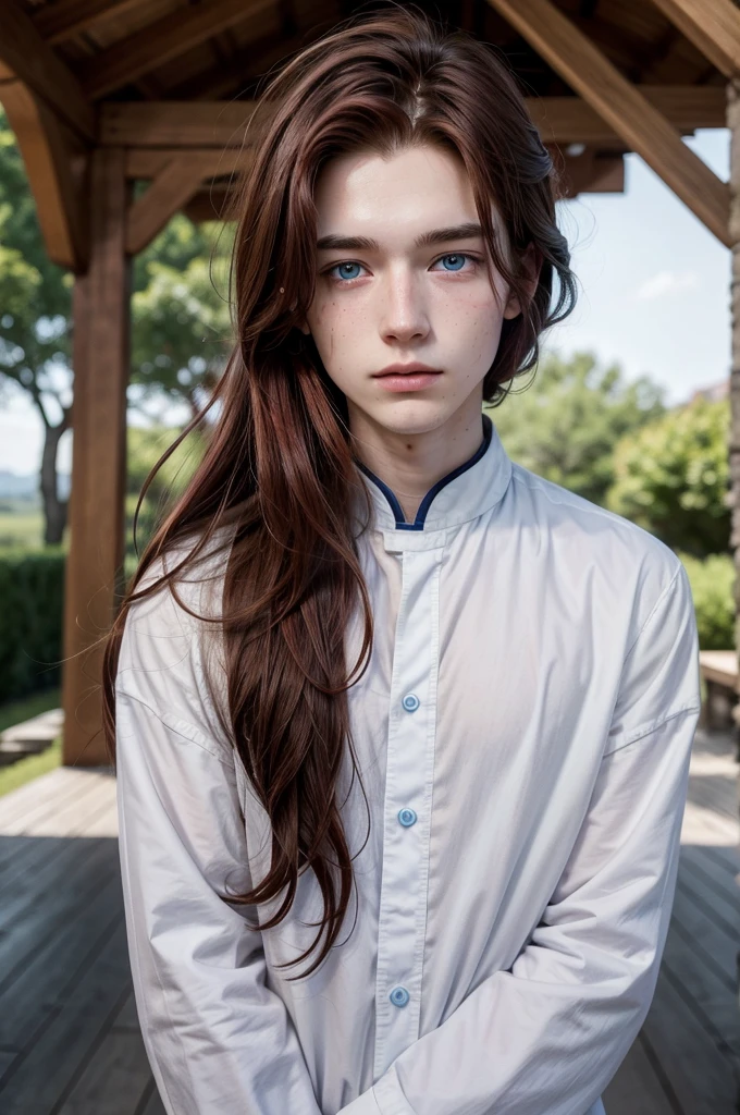 19 years old Dark red-haired boy, with long hair and with freckles with innocent appearance white skin and blue eyes , priest