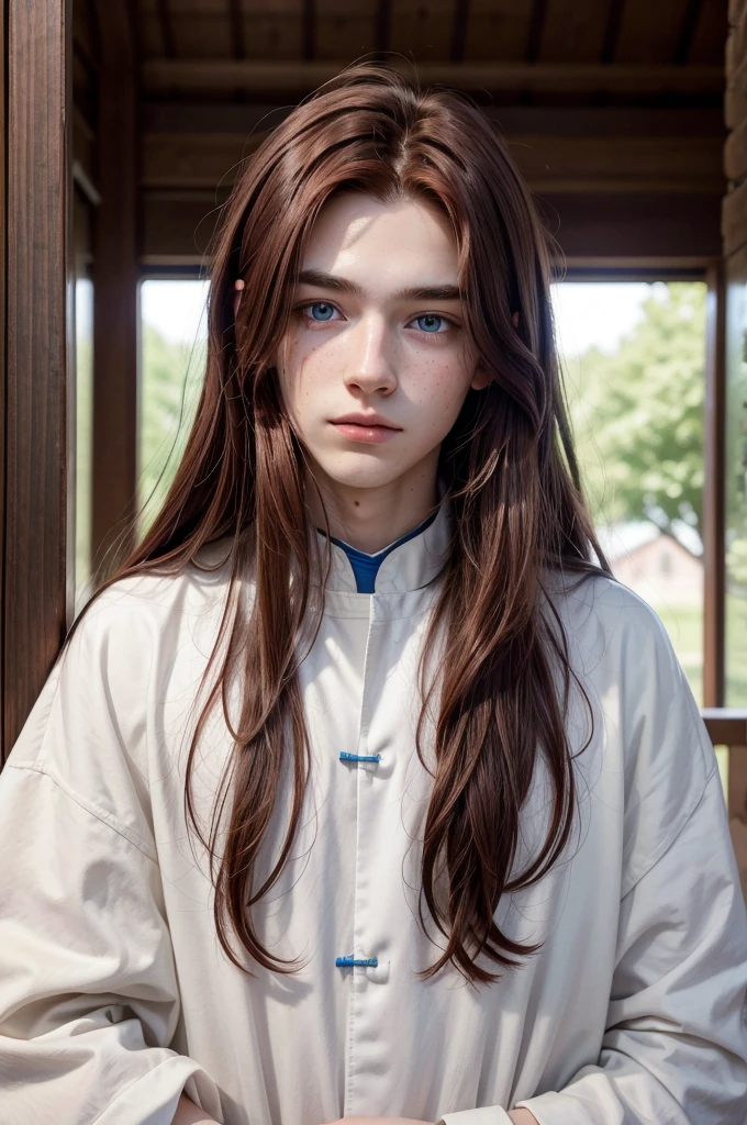 19 years old Dark red-haired boy, with long hair and with freckles with innocent appearance white skin and blue eyes , priest