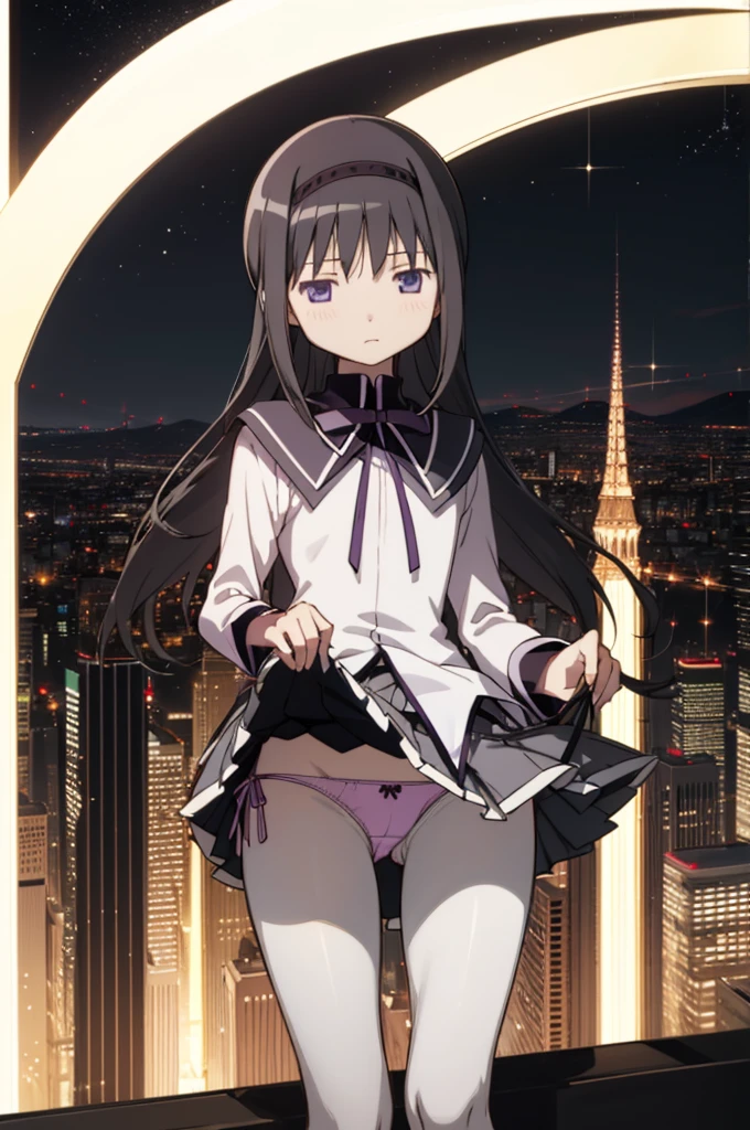 solo, 1girl, looking at viewer, , homura akemi, magical girl, closed mouth,pantyhose,miniskirt,(((lift skirt,panties))),city,top of building,night,outdoor