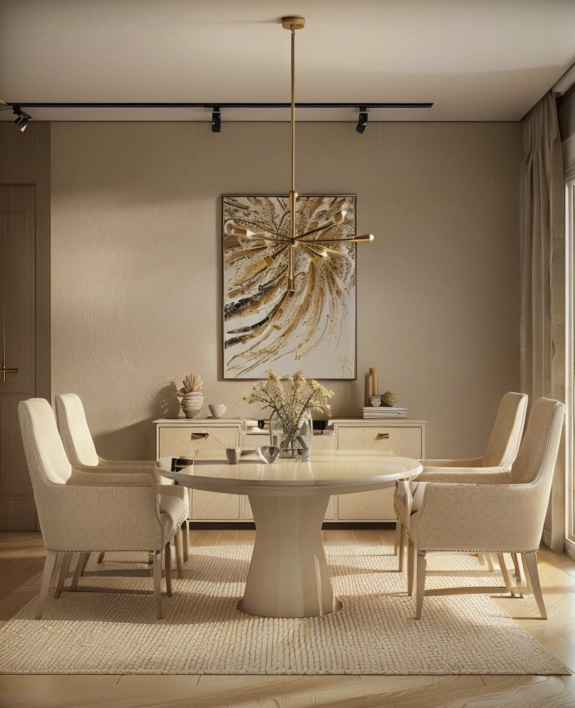 there is a dining room with a table and chairs and a painting on the wall, beige color scheme, beige and dark atmosphere, cream - colored room, dramatic lighting render, sand - colored walls, dark and beige atmosphere, rendered in vray, rendered in v-ray, very realistic 3 d render, stuning 3 d render, rendered in 3 dsmax