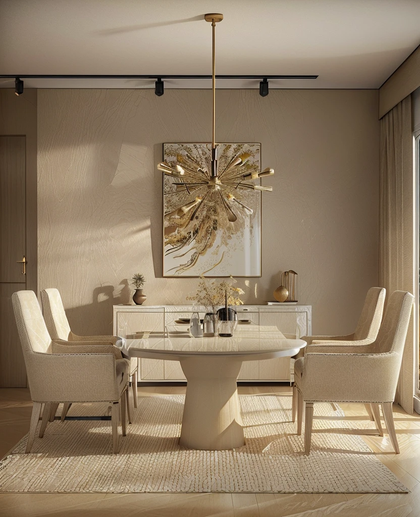 there is a dining room with a table and chairs and a painting on the wall, beige color scheme, beige and dark atmosphere, cream - colored room, dramatic lighting render, sand - colored walls, dark and beige atmosphere, rendered in vray, rendered in v-ray, very realistic 3 d render, stuning 3 d render, rendered in 3 dsmax