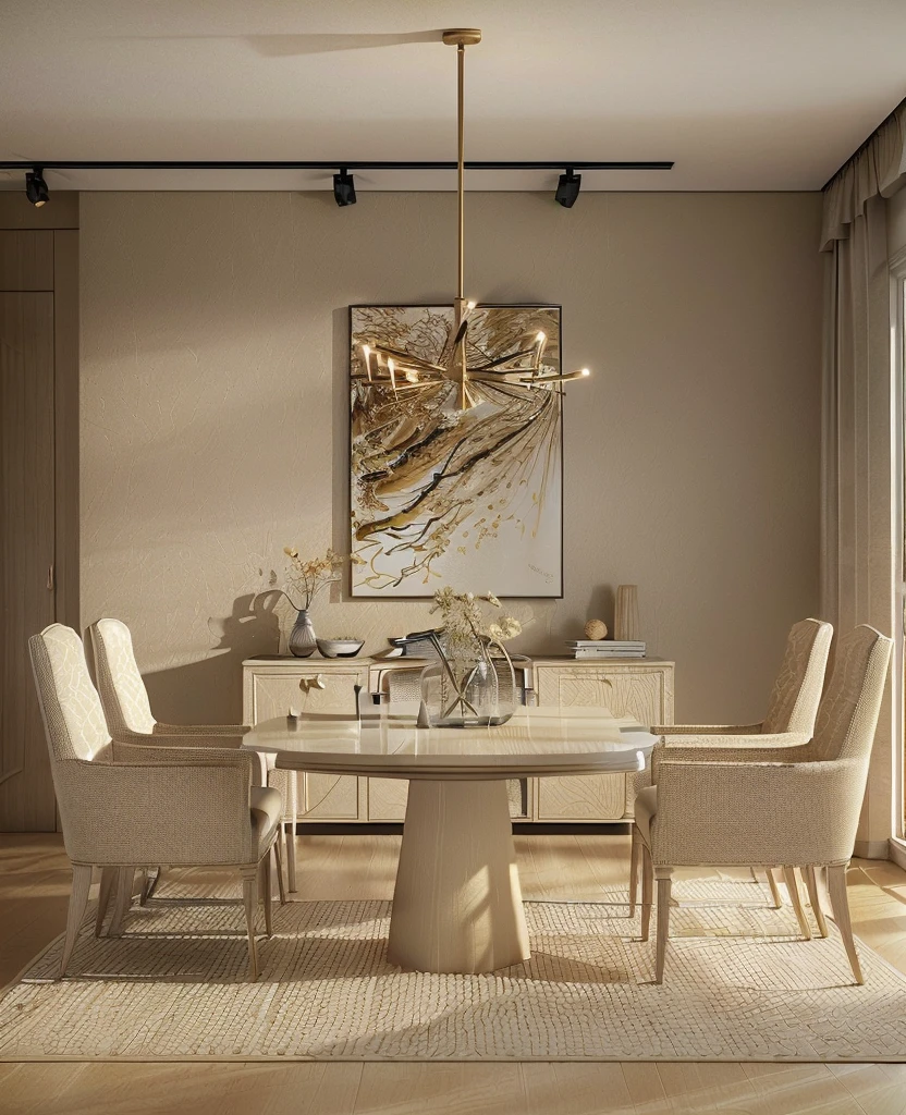 there is a dining room with a table and chairs and a painting on the wall, beige color scheme, beige and dark atmosphere, cream - colored room, dramatic lighting render, sand - colored walls, dark and beige atmosphere, rendered in vray, rendered in v-ray, very realistic 3 d render, stuning 3 d render, rendered in 3 dsmax