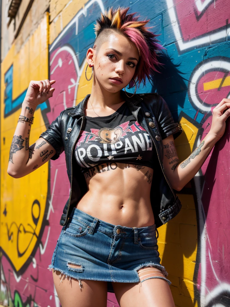 Front view, (best quality, masterpiece, highest detailed), (photorealistic:1.2), (detailed light:1.2), (Realistic skin texture:1.4), raw photo, photo in punk style, charming girl, multi-colored hair, mohawk, slim figure, very small breasts, piercings on the face and body, tattoos on the body, (torn T-shirt), torn denim jacket, (black mini skirt), posing against a wall with graffiti, looking at the viewer, punk style, depth of field, bokeh, morbid