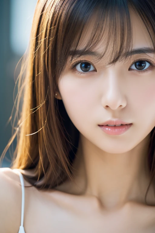 Masterpiece, Best Quality, Photorealsitic, Ultra-detailed, finely detail, high resolution, 8k wallpaper, Professional, high level of detail, 1girl in, Skinny Japanese woman, ((Facing the front)), Detailed clavicle, face perfect, straight hair, (look straight at a camera)