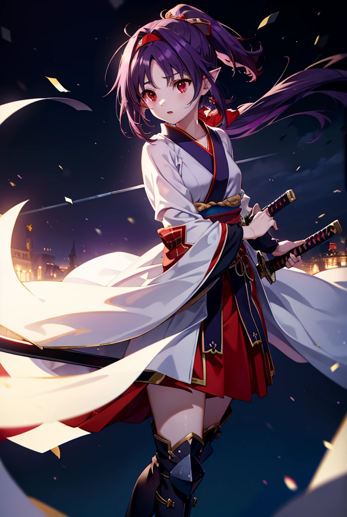 yuukikonno, Yuki Konno, hair band, Long Hair, Pointy Ears,ponytail, Purple Hair, (Red eyes:1.5), (Small breasts:1.2), Open your mouth,Purple kimono,Red long skirt,boots,Hold the grip of the sheathed sword in your right hand,Battoujutsu,
break looking at viewer, Upper Body, whole body,
break outdoors, Medieval European streets,
break (masterpiece:1.2), Highest quality, High resolution, unity 8k wallpaper, (shape:0.8), (Narrow and beautiful eyes:1.6), Highly detailed face, Perfect lighting, Extremely detailed CG, (Perfect hands, Perfect Anatomy),