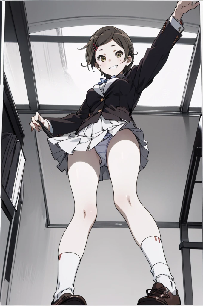 solo, 1girl, , hazuki katou,.,looking viewer ,grin,medium breasts,classroom,blazer,miniskirt,socks,standing,(view from below:1.5),panties,lift leg