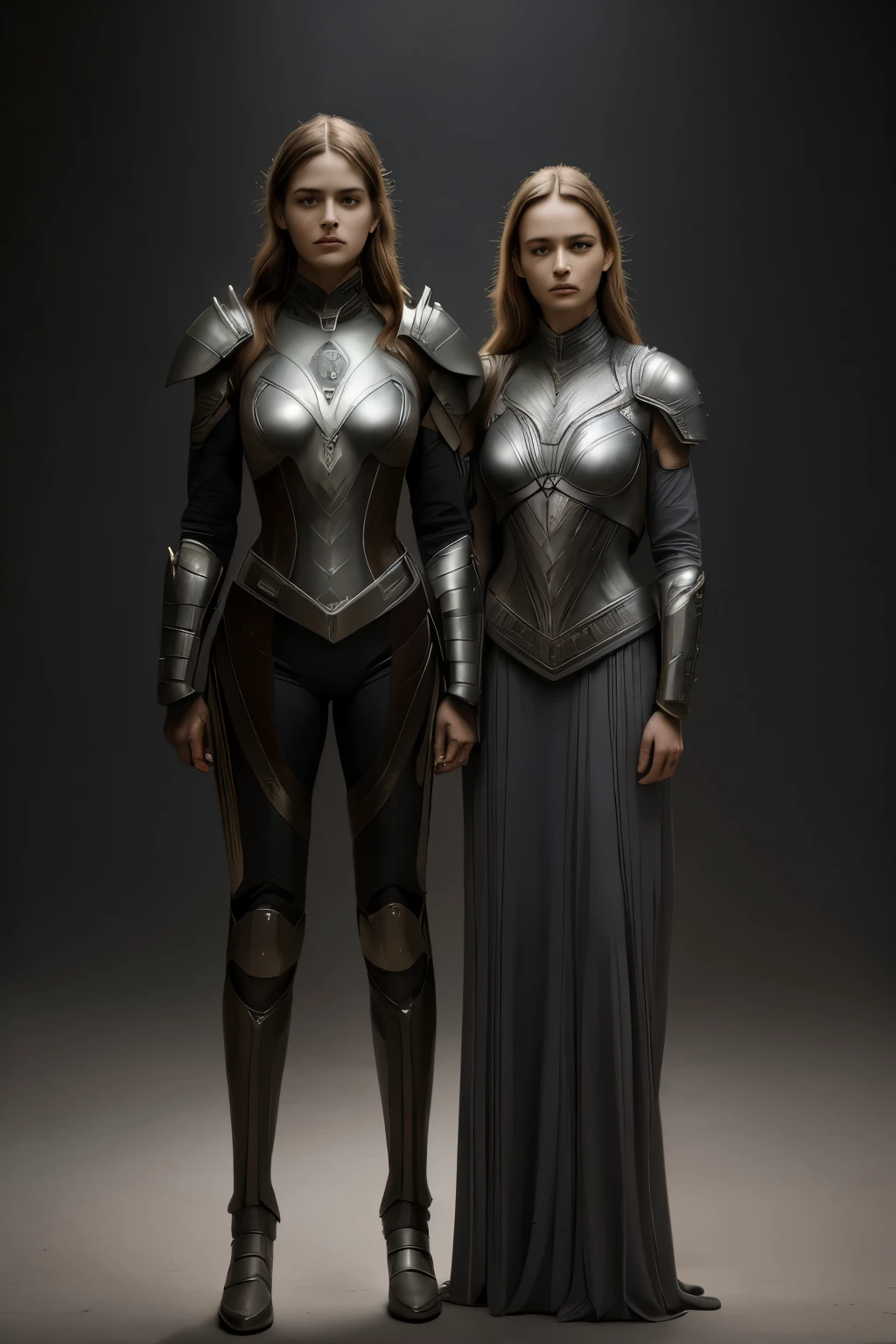 there are two women in armor standing next to each other, highly detailed surreal vfx, inspired by Peter Lindbergh, desaturated and muted colors, inspired by Nikola Avramov, clockpunk, detailed and beautiful faces, by Steven James Petruccio, prometheus (2012)