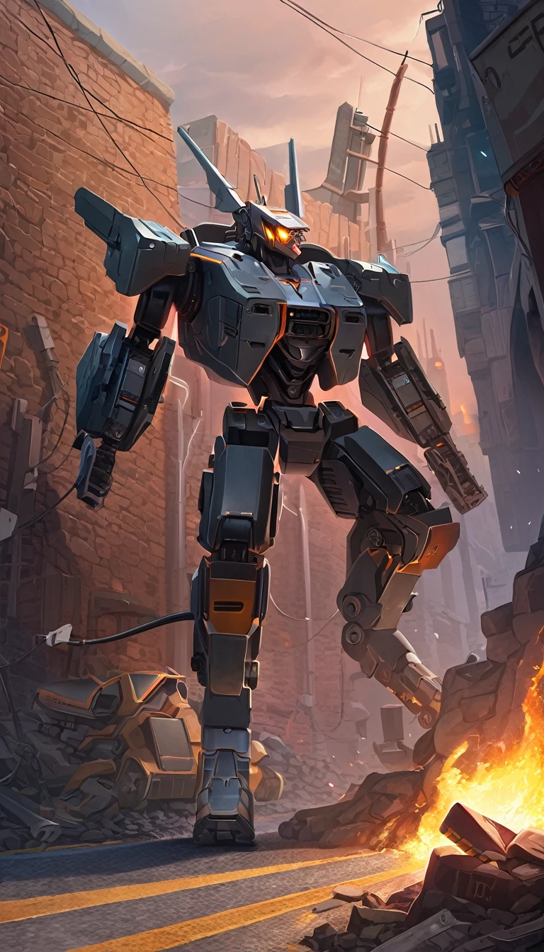 ((Masterpiece)), ((Best Quality)), (Very Detailed), ((Very Detailed)), 4K, (8K), very aesthetic, absurdres highres, no humans, robot, mecha, glowing, science fiction, non-humanoid robot, glowing eyes, robot animal, solo, orange eyes, tail, machinery, claws, sharp teeth, open mouth, cable, glowing eye, muscular, open clothes, open vest, railgun, record, road, road sign, rubble, shadow, sign, smile, smoke, socks, standing, standing on one leg, stone wall, street, teeth, utility pole, wall, weapon, white socks,