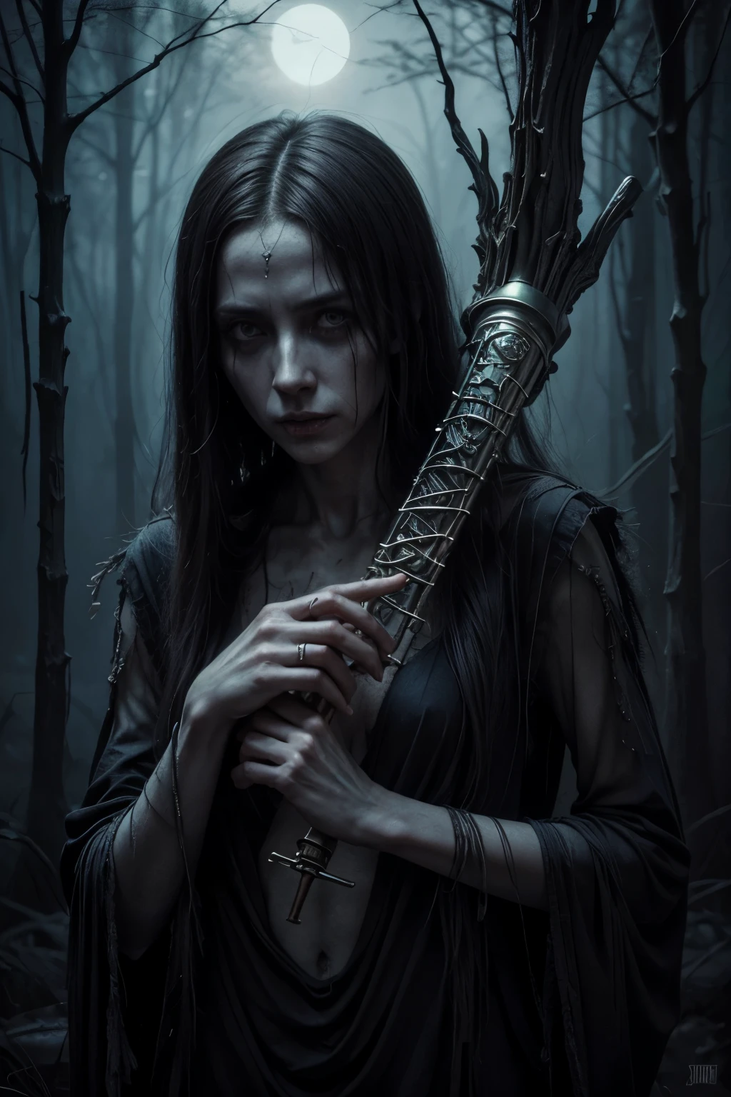 Skinny woman playing transversal flute dark art Zdzisław Beksiński creepy horror