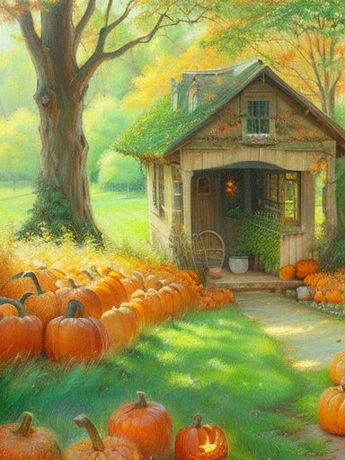 painting of a small house surrounded by pumpkins and a tree, pumpkin farm background, pastel art, pumpkin patch, halloween scene, pastel painting, pastel artwork, by senior artist, pastel drawing, by Anne Ryan, pastel style painting, added detail, pumpkins, autum garden, in the autumn, by Nancy Graves, autumn field, close scene, by Doris Blair