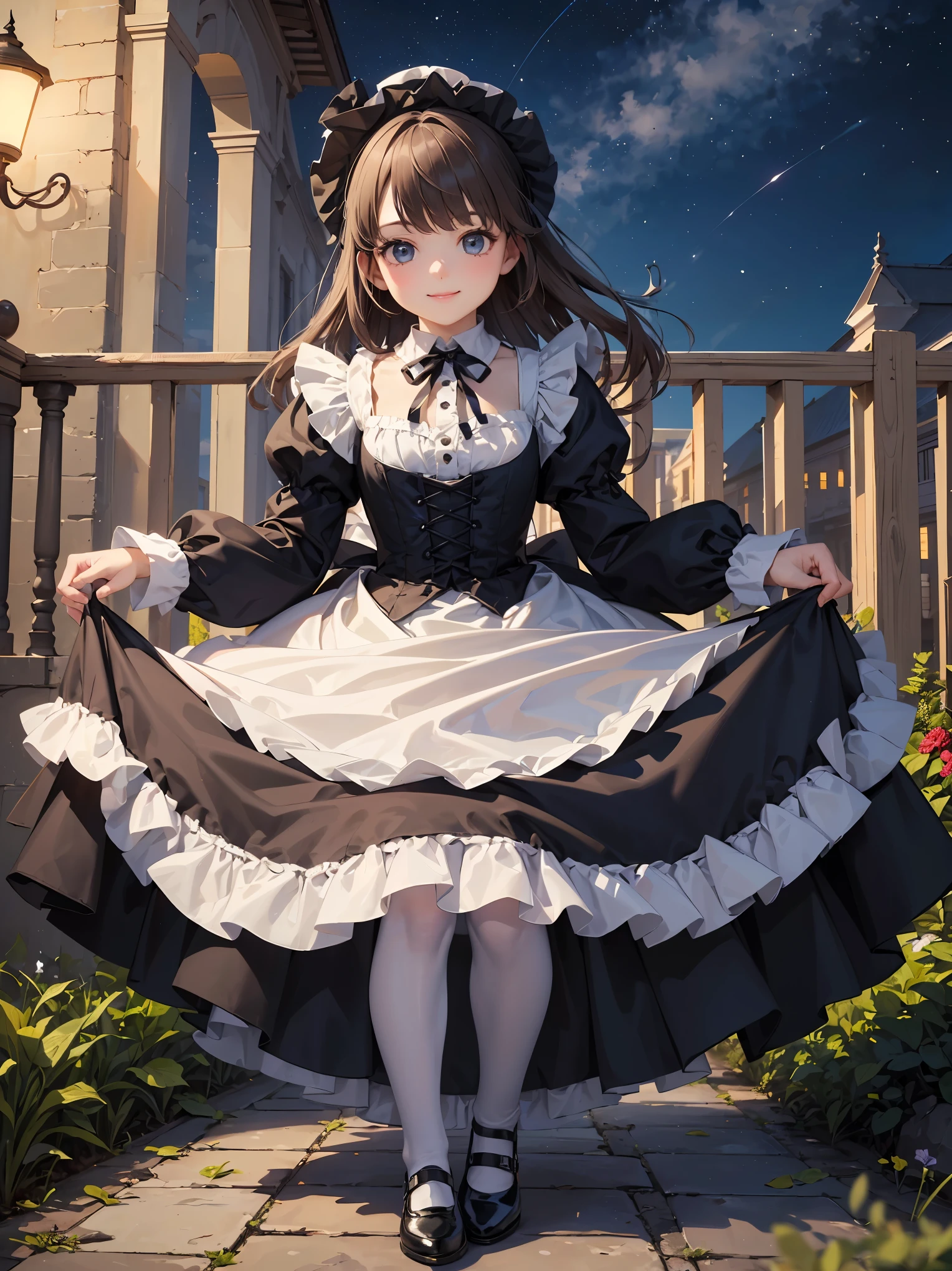 (Highest quality、16K、masterpiece、Ultra-high resolution、Victorian era、Photorealistic:1.2)、A smiling under the stars, a toddler wearing a maid hat with ruby accessories, she is wearing a white and black gothic maid dress with navy blue ribbon. Black stockings, black shoes, cute, super cute toddler maid tsundere、Heroine's Attributes、Artistic shading、Perfect Face、Detailed portrait、