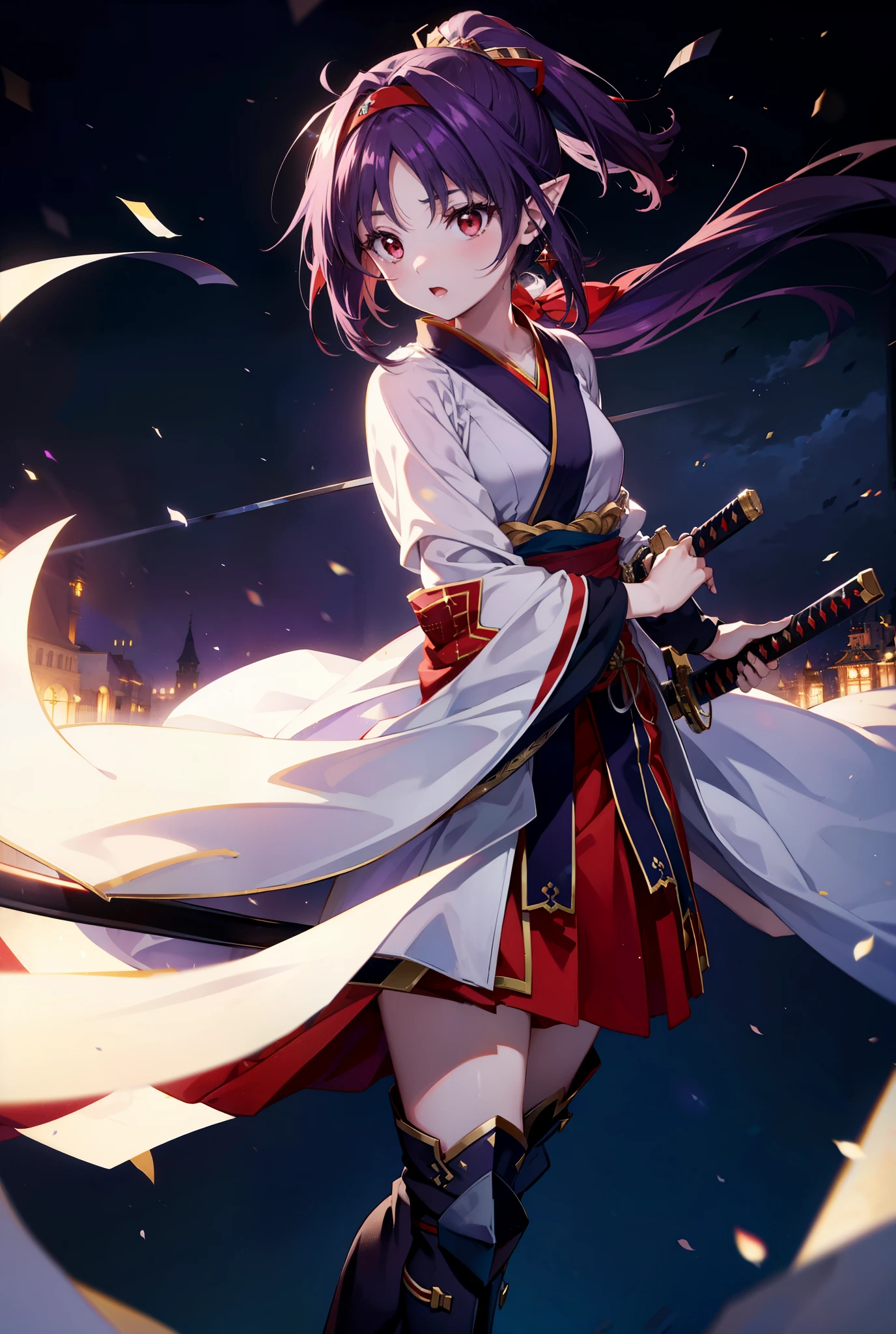 yuukikonno, Yuki Konno, hair band, Long Hair, Pointy Ears,ponytail, Purple Hair, (Red eyes:1.5), (Small breasts:1.2), Open your mouth,Purple kimono,Red long skirt,boots,Hold the grip of the sheathed sword in your right hand,Battoujutsu,
break looking at viewer, Upper Body, whole body,
break outdoors, Medieval European streets,
break (masterpiece:1.2), Highest quality, High resolution, unity 8k wallpaper, (shape:0.8), (Narrow and beautiful eyes:1.6), Highly detailed face, Perfect lighting, Extremely detailed CG, (Perfect hands, Perfect Anatomy),