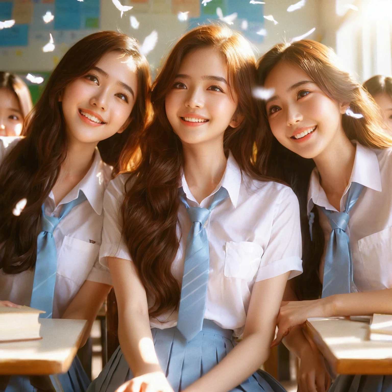 friendship film poster, stunning surreal depiction art, three beautiful young Thai women with long hair, wearing school uniforms, white shirts, light blue tie, long light blue skirts, harmonious friendship, they joke, they are happy, smiling, they are sitting at school, view in school classroom, perfect face, hands and feet, lens flare, flying paper effect, looks like a movie, Taken with Sony Alpha α7CR, UHD 1536px, high quality.