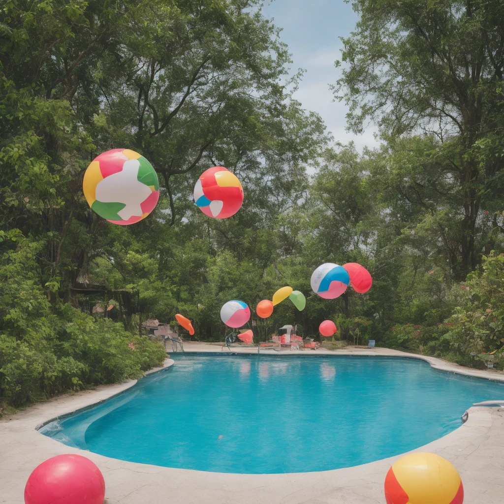 swimming pool with a duck float, a flamingo float and a beach ball, beach chairs around the pool and trees