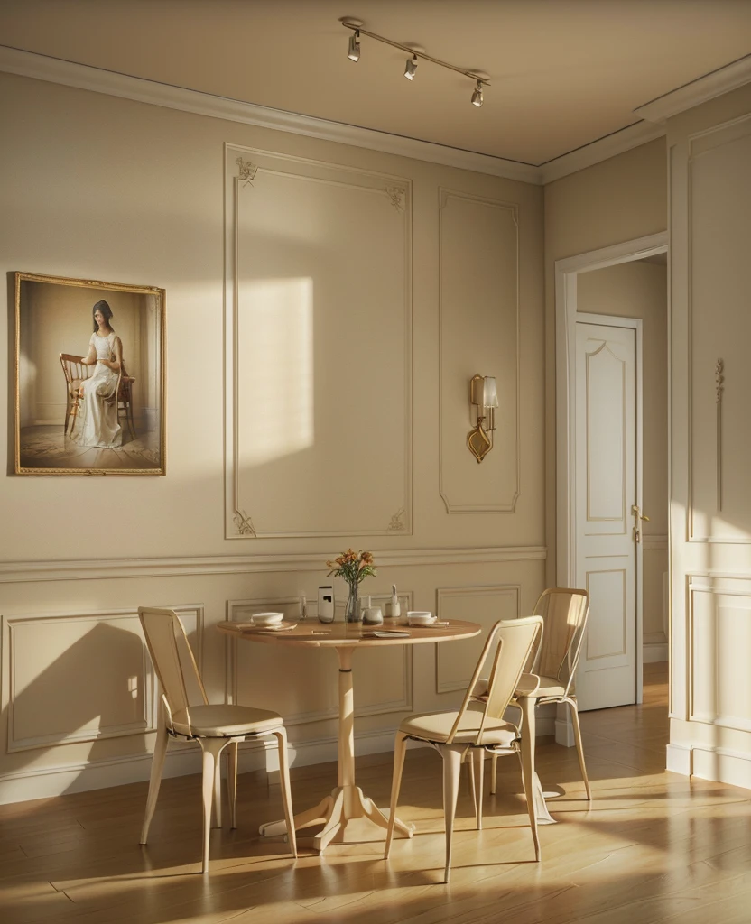 there is a dining room with a table and chairs and a painting on the wall, beige color scheme, beige and dark atmosphere, cream - colored room, dramatic lighting render, sand - colored walls, dark and beige atmosphere, rendered in vray, rendered in v-ray, very realistic 3 d render, stuning 3 d render, rendered in 3 dsmax