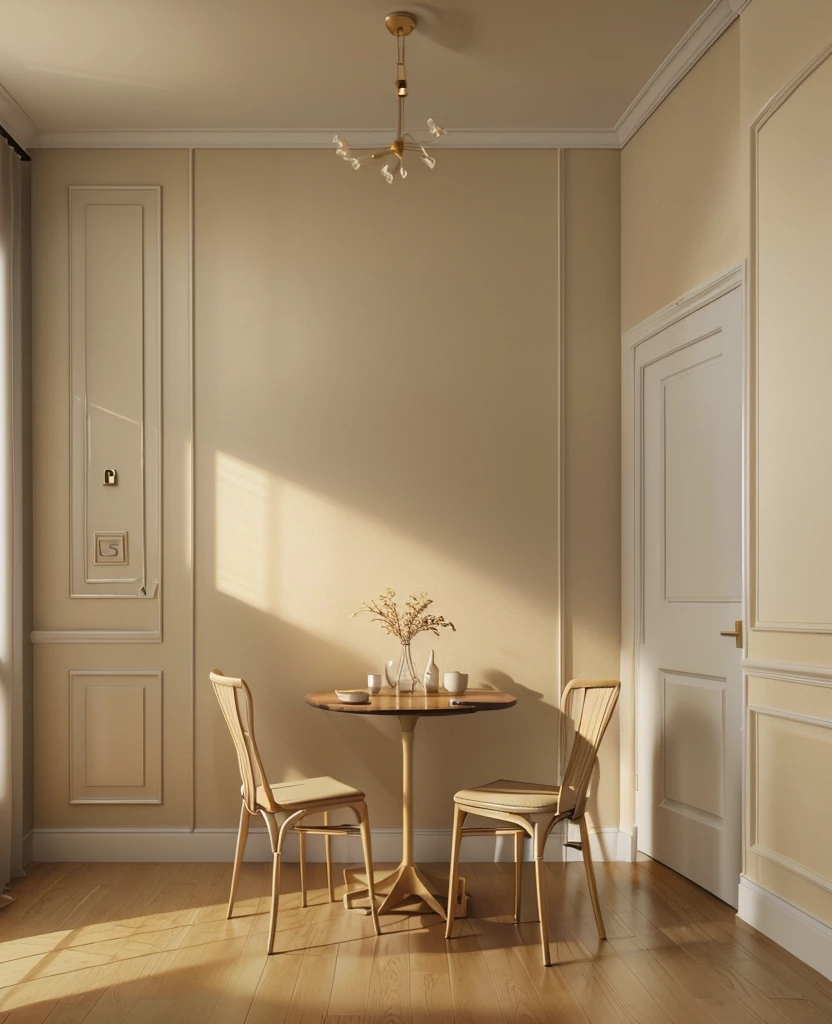 there is a dining room with a table and chairs and a painting on the wall, beige color scheme, beige and dark atmosphere, cream - colored room, dramatic lighting render, sand - colored walls, dark and beige atmosphere, rendered in vray, rendered in v-ray, very realistic 3 d render, stuning 3 d render, rendered in 3 dsmax