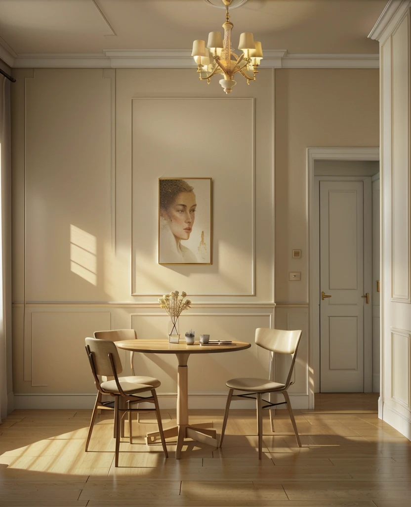 there is a dining room with a table and chairs and a painting on the wall, beige color scheme, beige and dark atmosphere, cream - colored room, dramatic lighting render, sand - colored walls, dark and beige atmosphere, rendered in vray, rendered in v-ray, very realistic 3 d render, stuning 3 d render, rendered in 3 dsmax