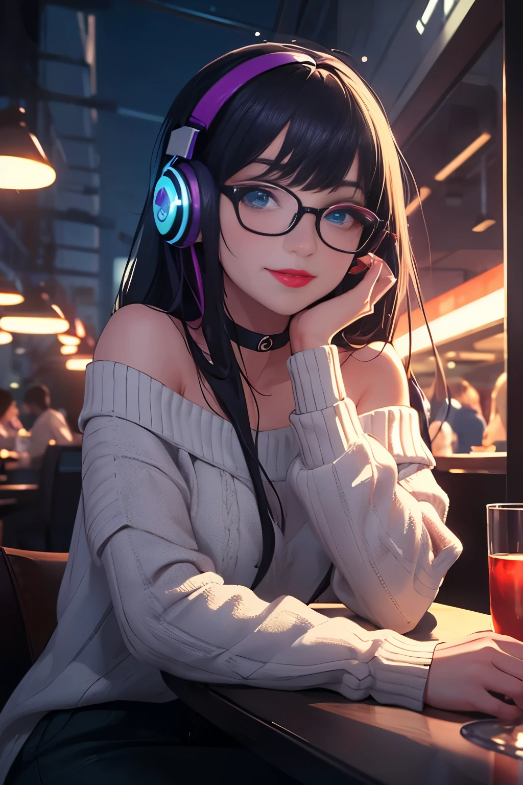 (Best quality, Ultra detailed, Masterpiece:1.2), 1girl, perfect face, female, gamer girl, aqua eyes, cherry-red lips, light smile, long black hair, purple streaked hair, purple highlights, bangs, choker, nerdy glasses, wearing headphones, white off-shoulder sweater, sitting at a restaurant, table, nighttime, neon lights in the background, colorful lights